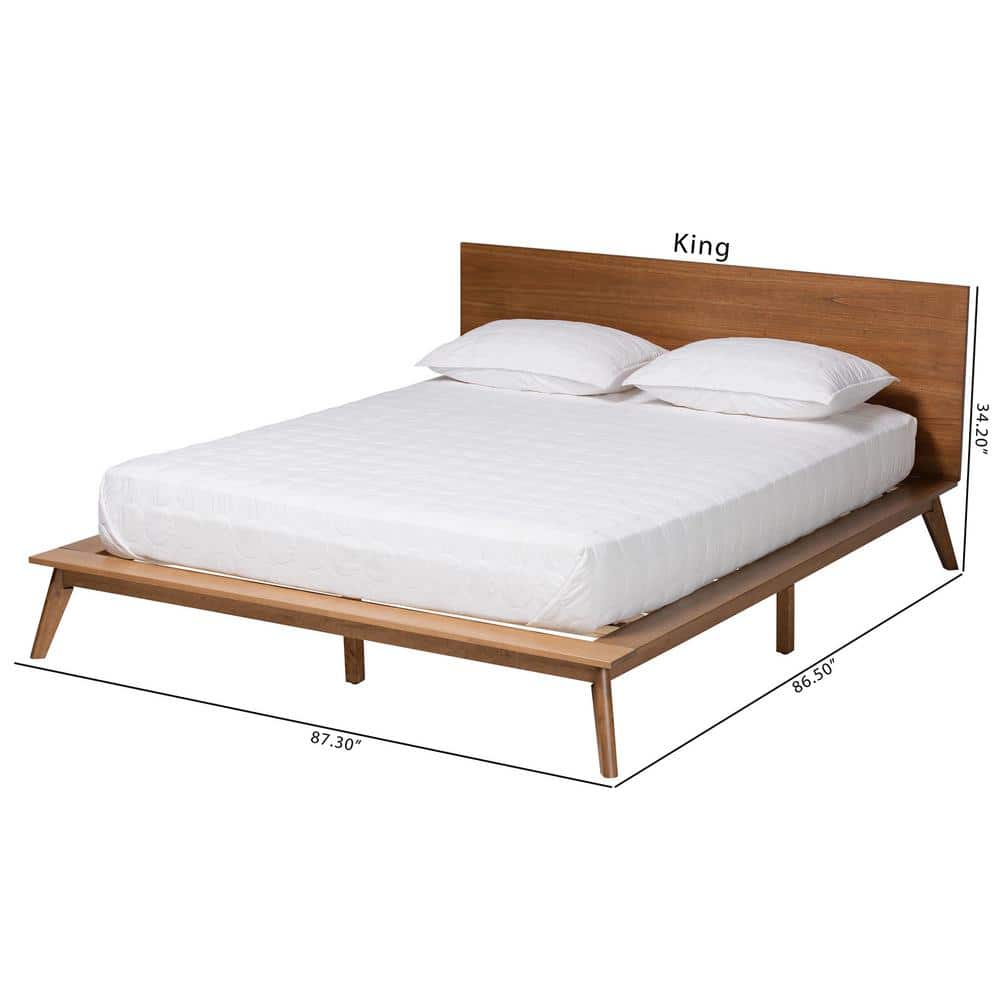 Walnut Brown Wood King Size Platform Bed with Upholstered Headboard