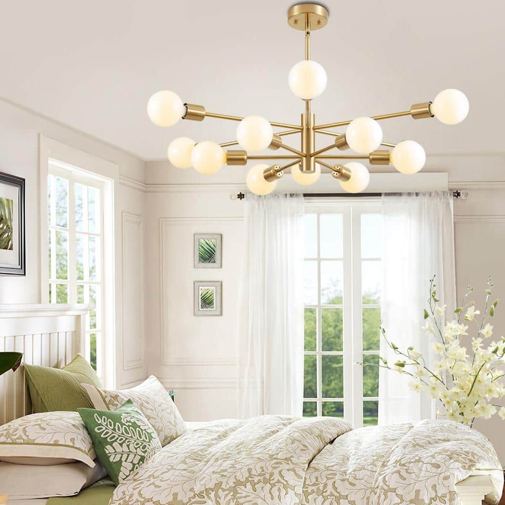 Gold 12-Light Sputnik Chandelier with Adjustable Rod