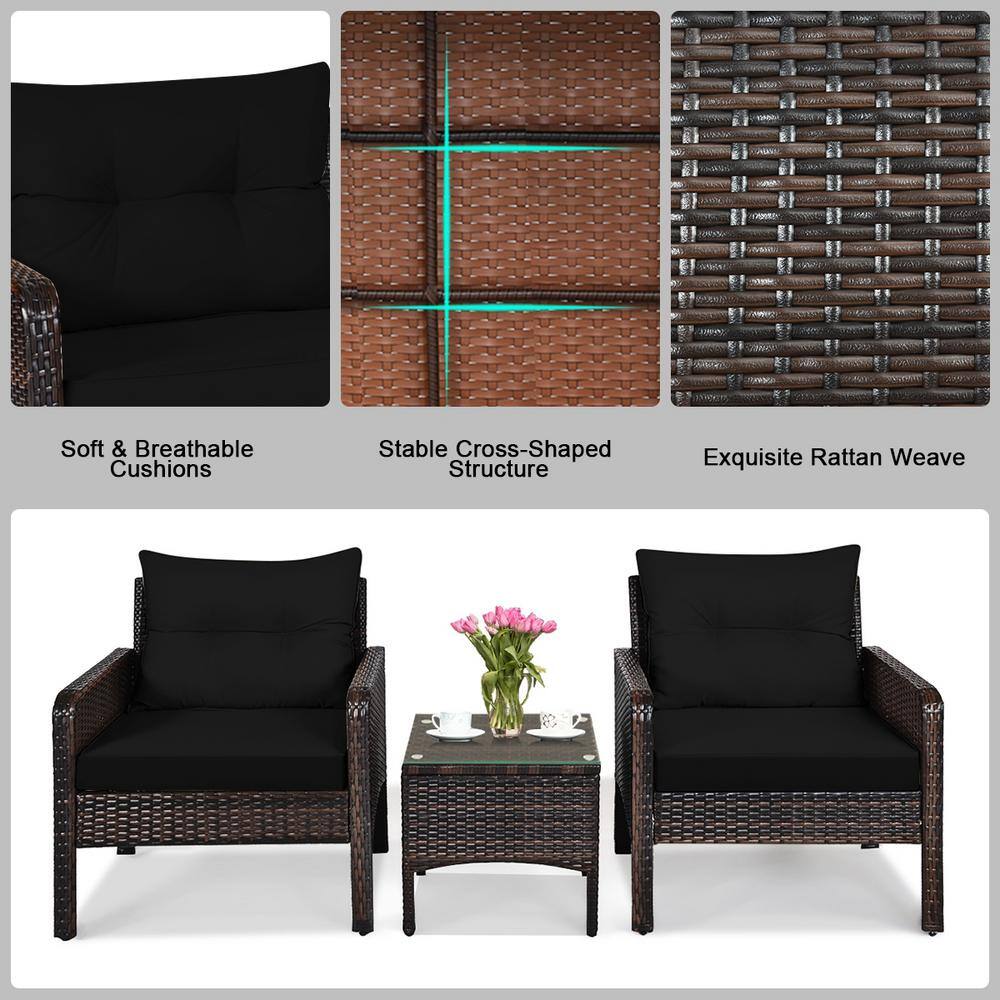 Black 3-Piece Rattan Outdoor Patio Conversation Set