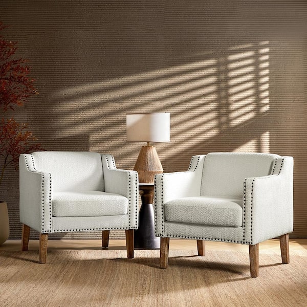 JAYDEN CREATION Mabel Ivory Boucle Fabric Solid Wood Accent Armchair Set of 2 with Nailhead Trims