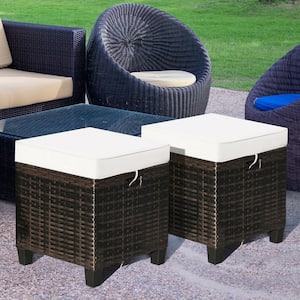 Brown Wicker Outdoor Ottoman with Beige Cushion (2-Pack)
