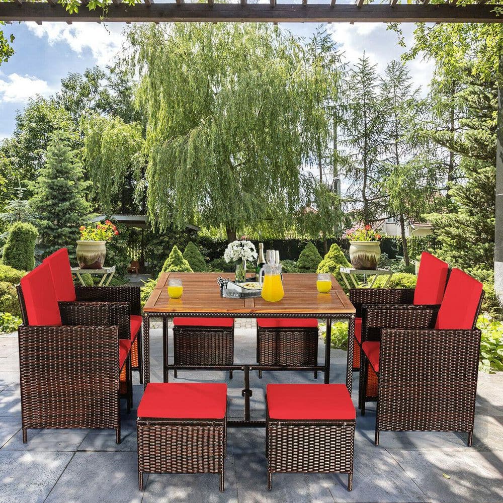 9-Piece Wicker Outdoor Dining Set with Acacia Wood Dining Table, 2.16 in. Umbrella Hole Design, Red Cushions price history on PriceWatchPro