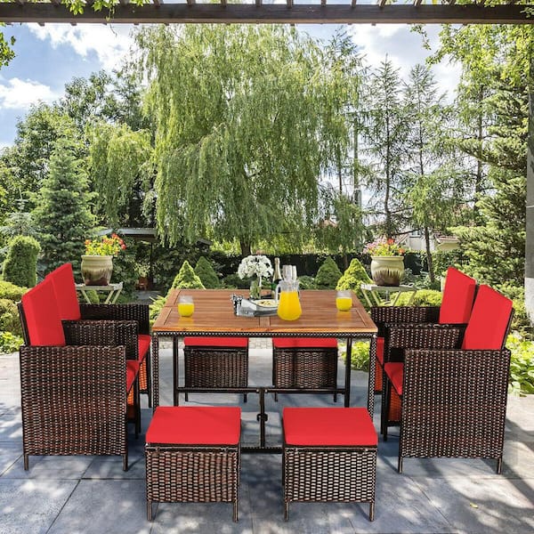 9-Piece Wicker Outdoor Dining Set with Acacia Wood Dining Table, 2.16 in. Umbrella Hole Design, Red Cushions
