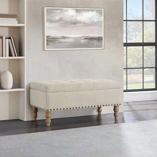 OSP Home Furnishings Woodbury Storage Bedroom Bench in Linen with Antique Bronze Nail Heads with Brushed Legs
