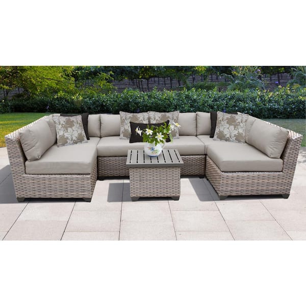 TK CLASSICS Florence 7-Piece Wicker Outdoor Sectional Seating Group with Beige Cushions