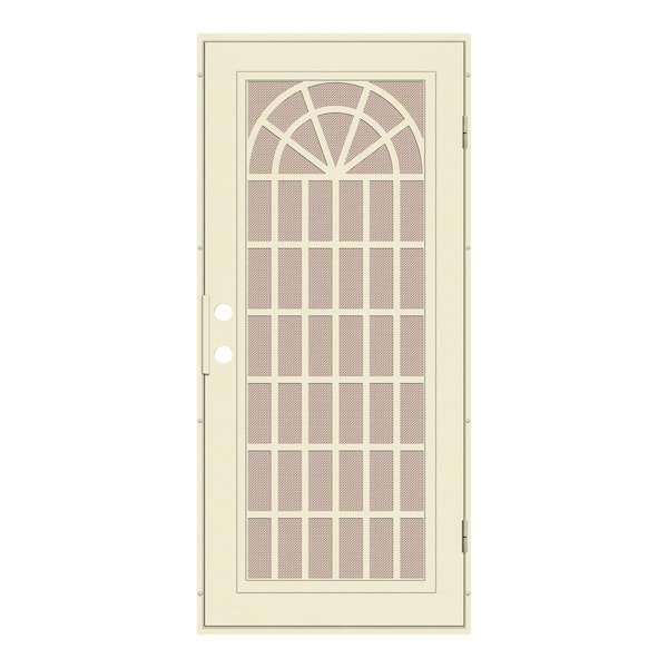 Unique Home Designs 30 in. x 80 in. Trellis Beige Hammer Left-Hand Surface Mount Security Door with Desert Sand Perforated Metal Screen