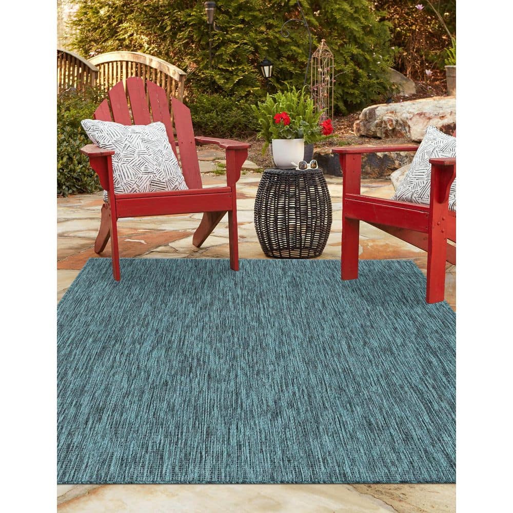 Teal Blue Synthetic 4' x 6' Easy-Care Outdoor Rug