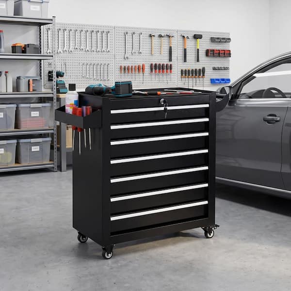Black 31.26 in. H 7-Drawer Tool Storage Cabinet on Wheels for Garages, Warehouses, Repair Shops