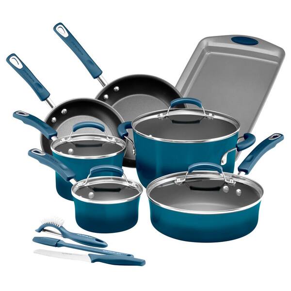 Rachael Ray Classic Brights 14-Piece Agave Blue Porcelain Nonstick Cookware Set with Bakeware and Tools