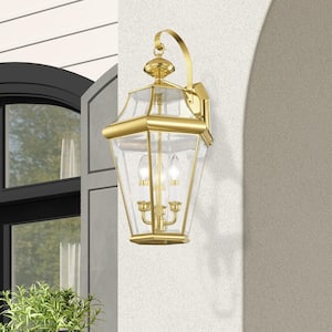 Cresthill 24 in. 3-Light Polished Brass Outdoor Hardwired Wall Lantern Sconce with No Bulbs Included