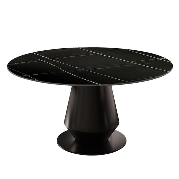 Lesly Modern Round Black Lauren Black Gold Stone Top 53.15 in. Carbon Steel Beaded Brown Pedestal Base Dining Table (4 Seats)