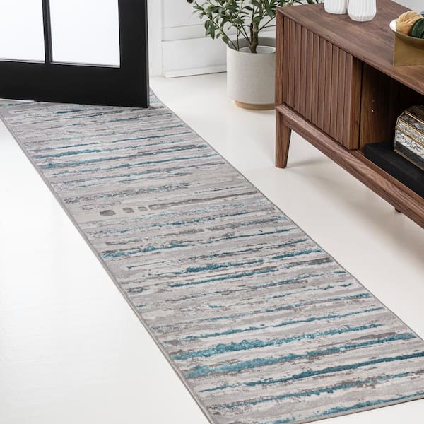 Batten Modern Stripe Gray/Turquoise 2 ft. x 10 ft. Runner Rug