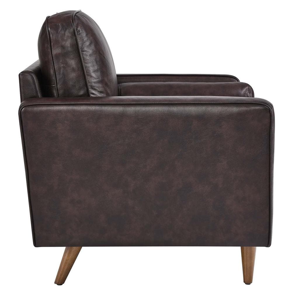 Brown Leather and Walnut Wood Mid-Century Accent Chair