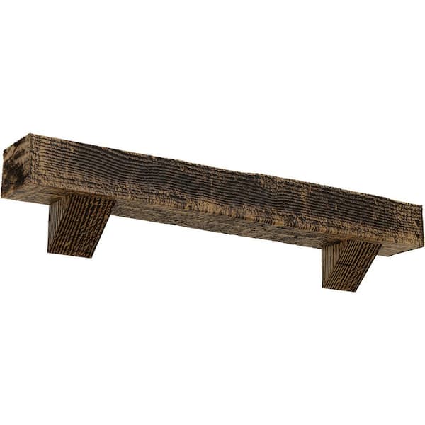 Ekena Millwork 8 in. x 12 in. x 5 ft. Rough Sawn Faux Wood Fireplace Mantel Kit, Breckinridge Corbels, Natural Golden Oak