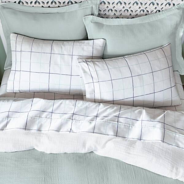 Home Decorators Collection 300 Thread Count Cotton Sateen Blue Watercolor Grid 4-Piece Full Printed Sheet Set