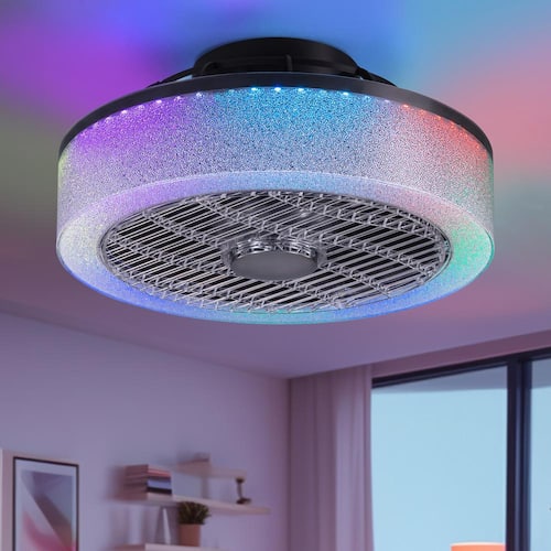 16 in. Modern Indoor Smoky Gray Caged Flush Mount Ceiling Fan with RGB LED Light Low Profile Ceiling Fan with App Remote Ceiling Fans