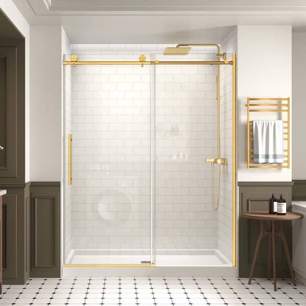 Modern 60 in. W x 74 in. H Single Sliding Frameless Shower Door in Brushed Gold Finish with 5/16 in. (8mm) Clear Glass