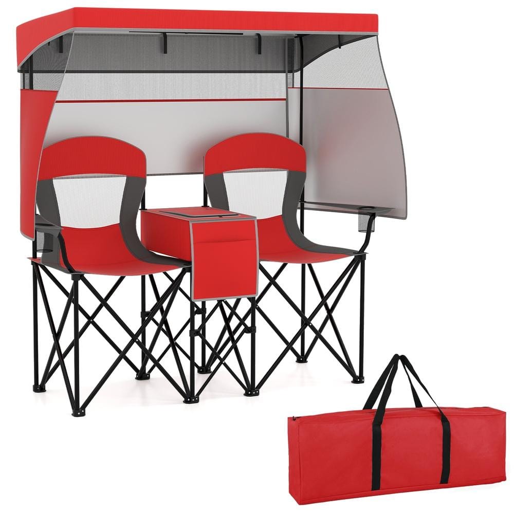 Double Beach Chair with Adjustable Canopy and 3-Side Sunshade Curtains for Outdoor Patio, Red price history on PriceWatchPro