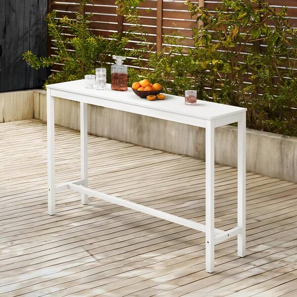cozyman 63 in. White Outdoor Bar Table Acacia Wood Outdoor Dining Table Weather Resistant Bistro Table Indoor Outdoor Furniture ZZ 004 02HD