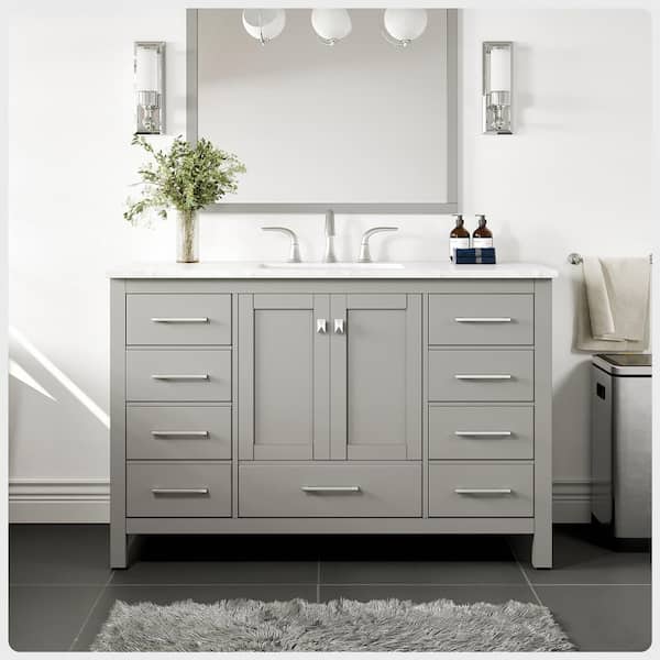 Eviva Aberdeen 48 in. W x 22 in. D x 35 in. H Bath Vanity in Gray with White Carrara Marble Top with White Sink