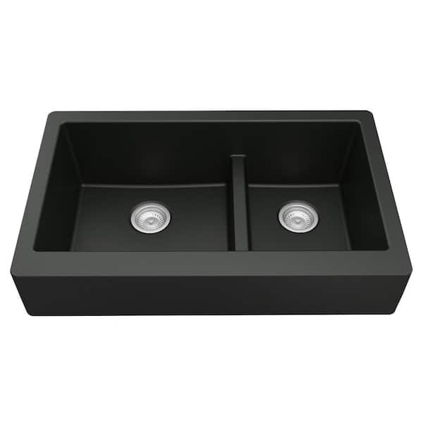 Retrofit Farmhouse/Apron-Front Quartz/Granite Composite 34 in. Double Offset Bowl Kitchen Sink in Black