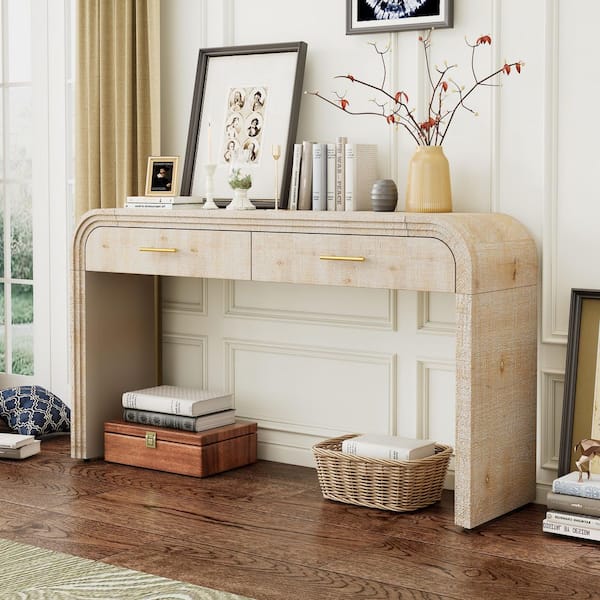 59 in. W x 16 in. D x 32 in. H Beige Linen Cabinet, Unique Retro Silhouette Console Table with Open Style
