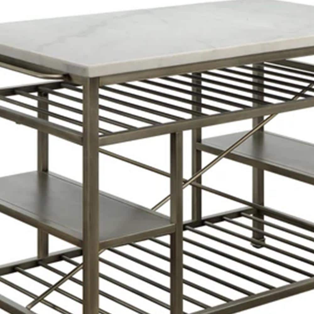 Elegant Gunmetal and White Marble Kitchen Island with Slated Shelves