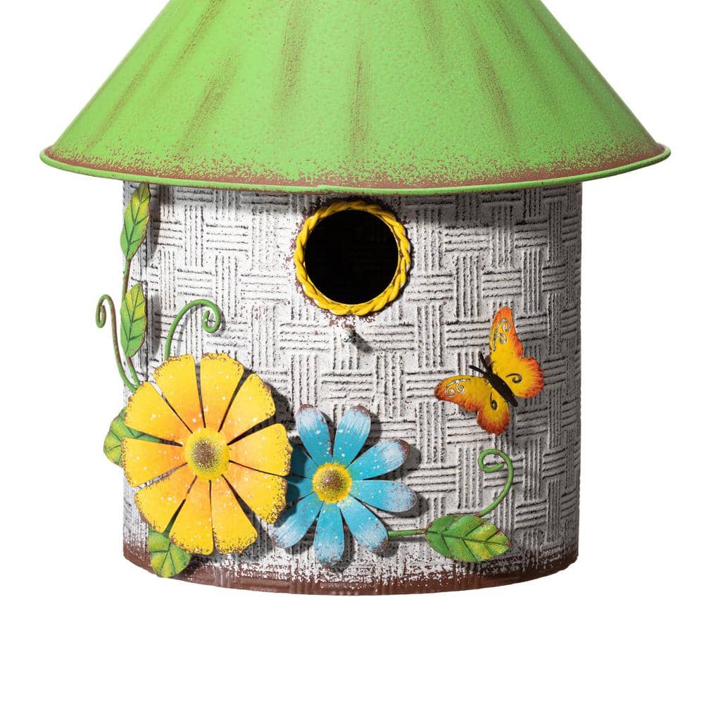 Distressed Metal Cottage Birdhouse with 3D Flowers and Butterfly