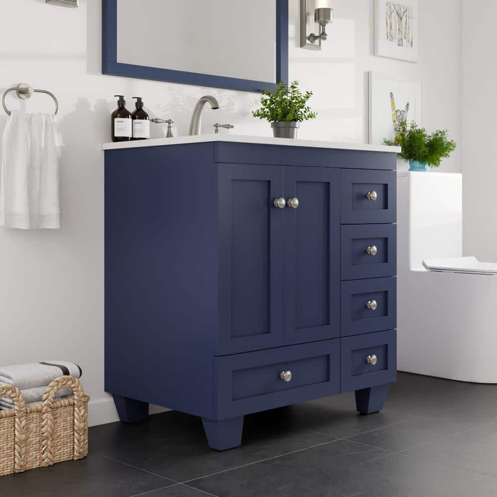 Blue Solid Wood 30" Bathroom Vanity with Carrara Quartz Top