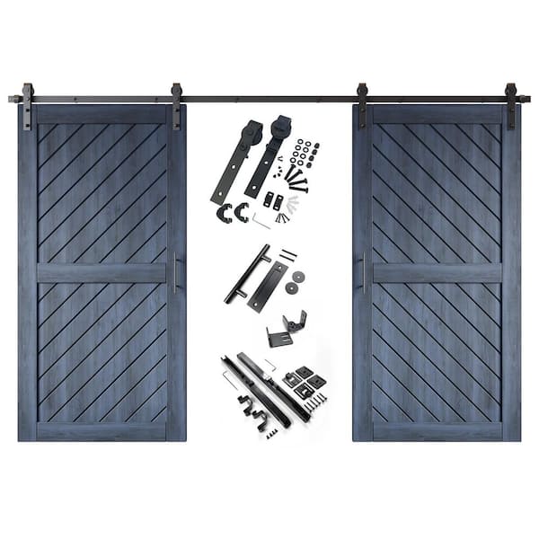 HOMACER XT1 40 in. x 80 in. C-Panel Navy Slanted Stripe Design Double Pine Wood Sliding Barn Door with Hardware Kit