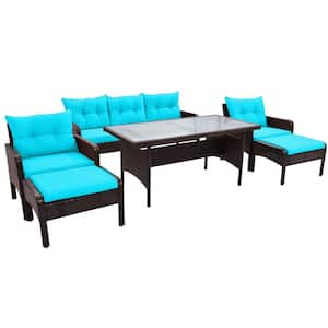 Brown 6-Piece Wicker Patio Conversation Seating Set with Blue Cushions and Glass Tea Table