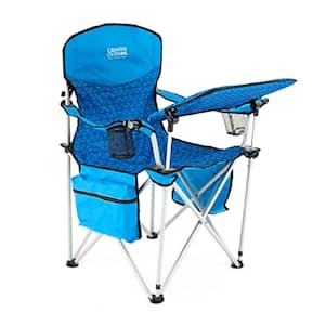 Steel Folding Camping Chair with Adjustable Table and Cooler Bag in Blue Diamond Pattern
