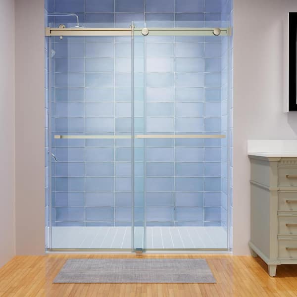 INSTER 56-60 in. W x 74 in. H Roller Sliding Frameless Shower Door in Brushed Nickel Finish with Clear Glass Horizontal Handle