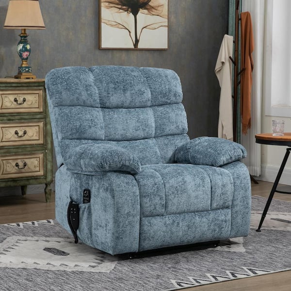 Blue Dual Motor Chenille Lift Recliner Heat Massage Infinite Position with Power-Remote, Medium-firm and Heavy duty
