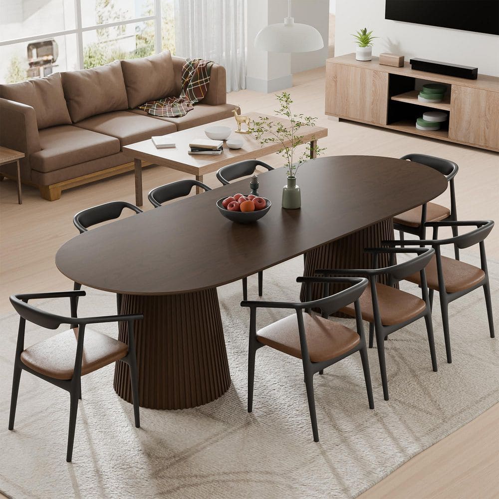 Oval Walnut Wooden Solid Wood 86 in. Double Pedestal Base Wood Dining Table (Seats 10)