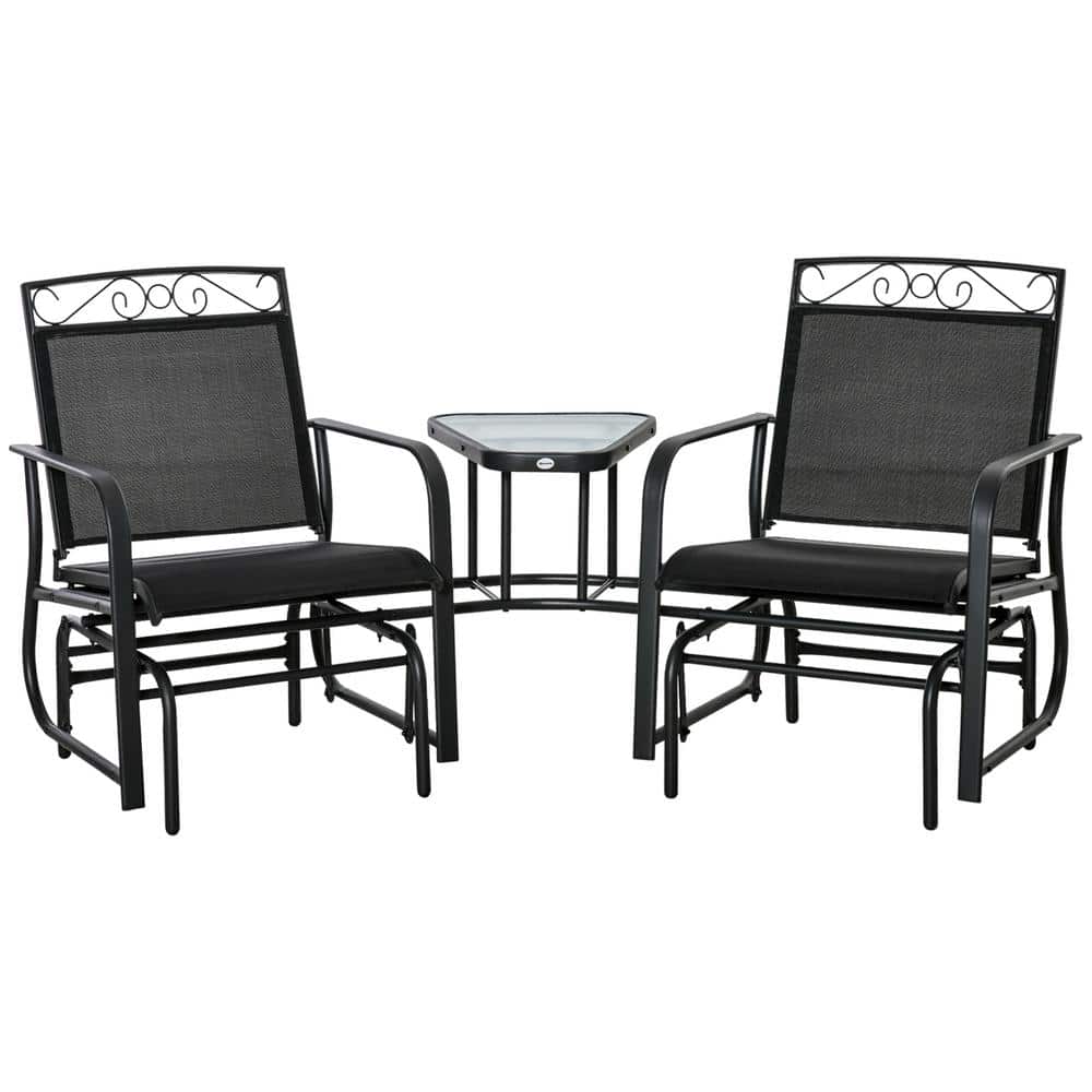 Steel Outdoor Glider Chairs with Coffee Table, Black 2-Seat Breathable Slin