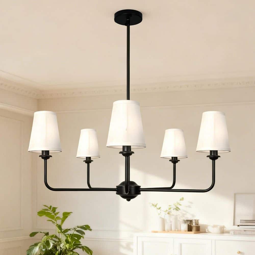 32 in. W 5-Light Branch Style Kitchen Island Lighting Fixture Matte Black Chandeliers with Linen Shades for Dining Room price history on PriceWatchPro