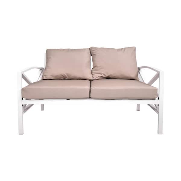 TIRAMISUBEST White Frame 1-Piece Metal Patio Conversation Seating Set Loveseat with Beige Cushions