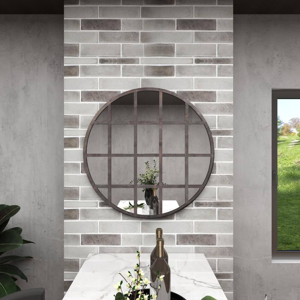 36" Round Bronze and Wood Accent Mirror