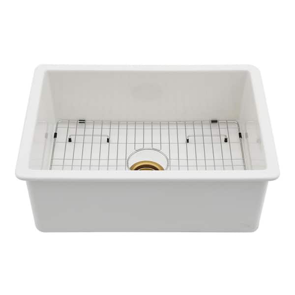 27 in. Undermount Single Bowl White Ceramic Kitchen Sink with Bottom Grids