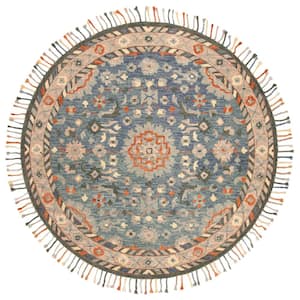 Aspen Blue/Rust 7 ft. x 7 ft. Round Floral Striped Border Area Rug