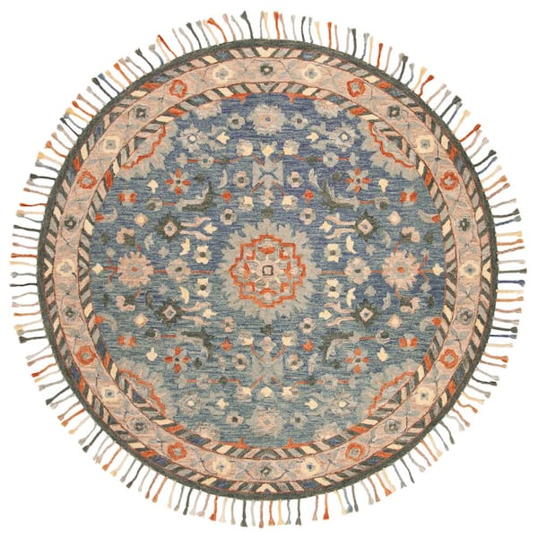 SAFAVIEH Aspen Blue/Rust 7 ft. x 7 ft. Round Floral Striped Border Area Rug