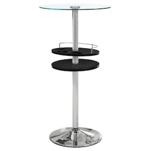 44 in. Round Black and Chrome Glass Top Bar Table with Wine Storage