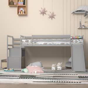 Gray Twin Low Loft Bed with Stairs and Slide