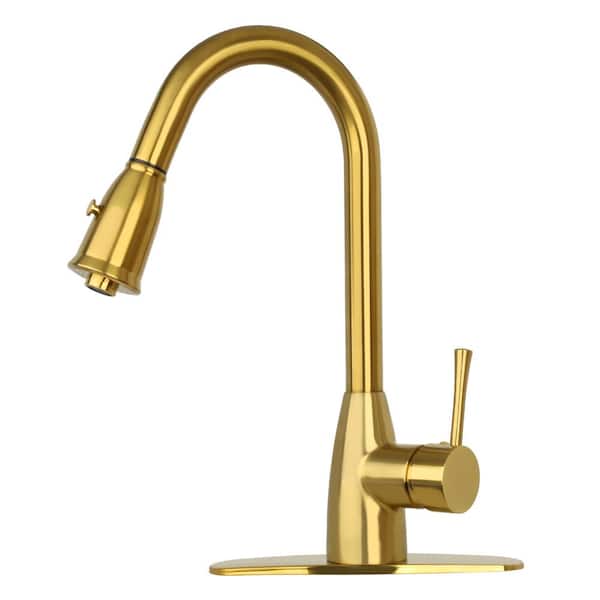 Akicon One-Handle Brushed Gold Pull Down Kitchen Faucet with Deck Plate - 5 Years Warranty
