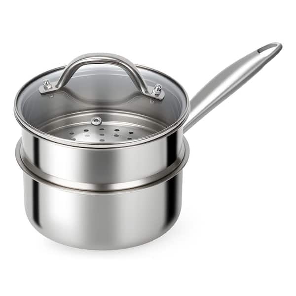Stainless Steel Sauce Pan, 1.5 qt. Tri Ply Steamer Pot with Lid, Cooking Pot with Steamer Basket for Oatmeal Cooking