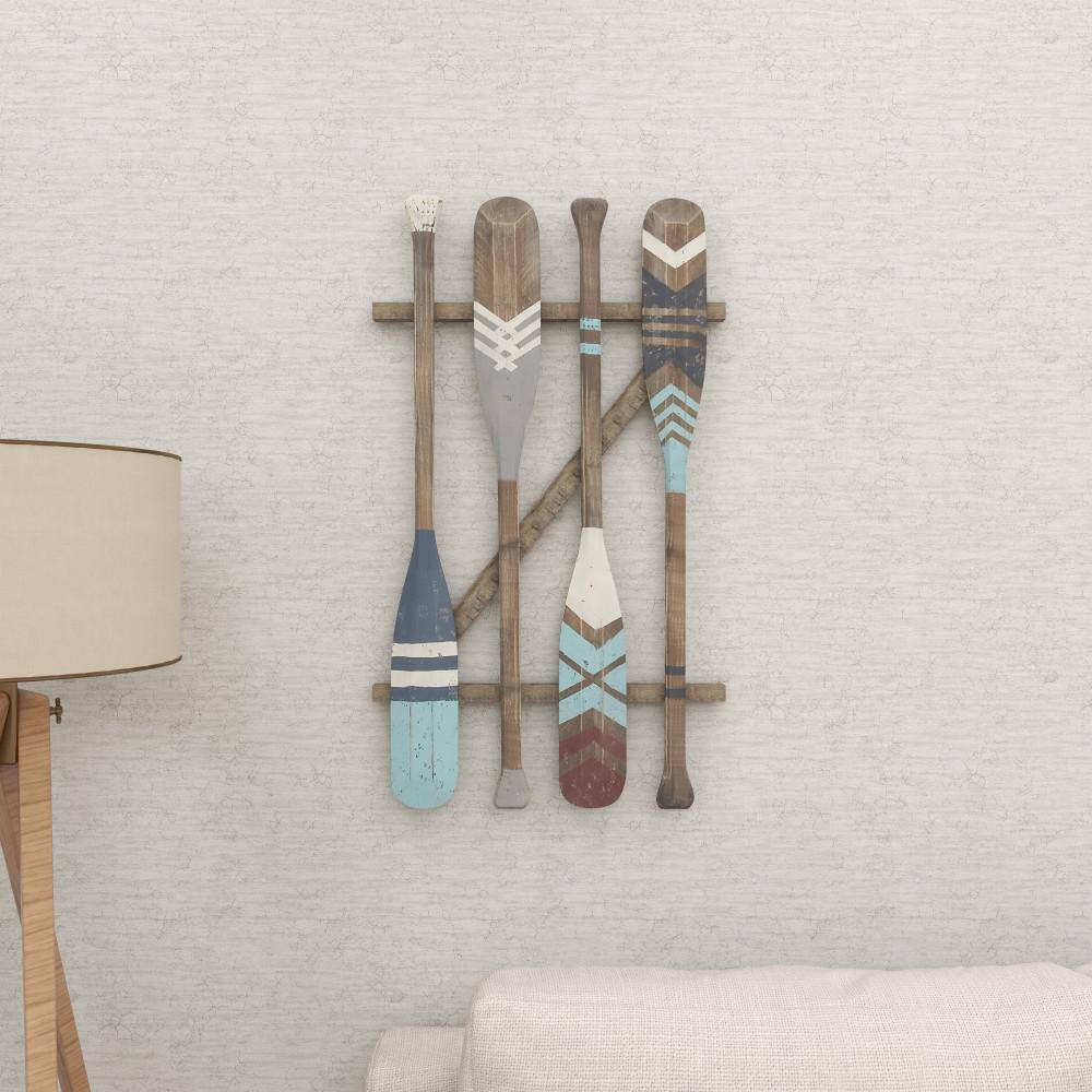 Brown and Blue Fir Wood Canoe Oar Wall Decor
