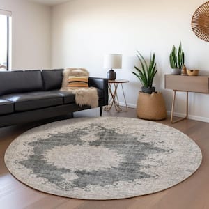Mayfield Premium Machine Washable Abstract AMF1003 Black 8 ft. x 8 ft. Round Rug