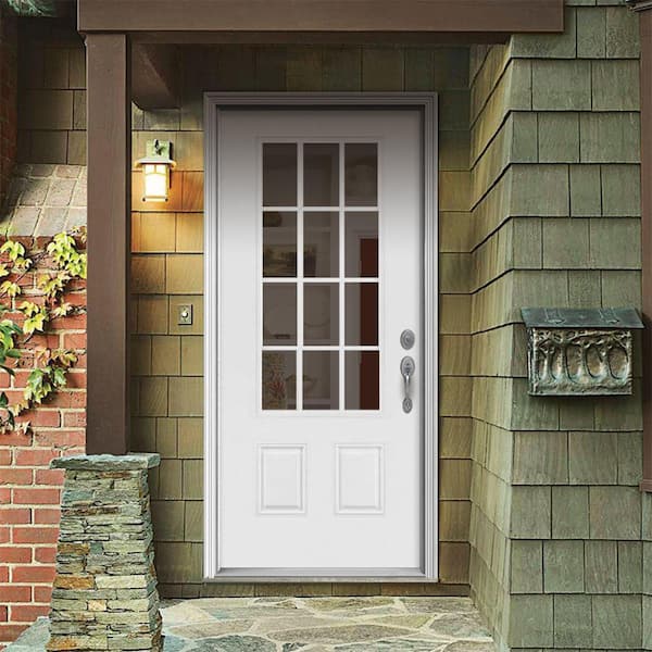 32 in. x 80 in. 12 Lite Primed Steel Prehung Left-Hand Inswing Front Door w/Brickmould