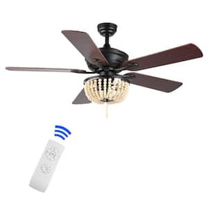 Erin 52 in. 3-Light Black/Light Brown Rustic Farmhouse Iron/Wood Bead Mobile-App/Remote LED Indoor Ceiling Fan